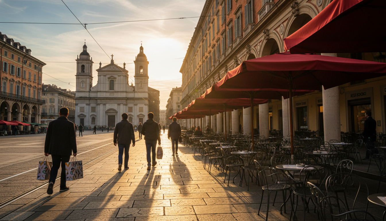 Piazza San Carlo at golden hour with elegant porticoes, outdoor caf tables with red umbrellas, and l