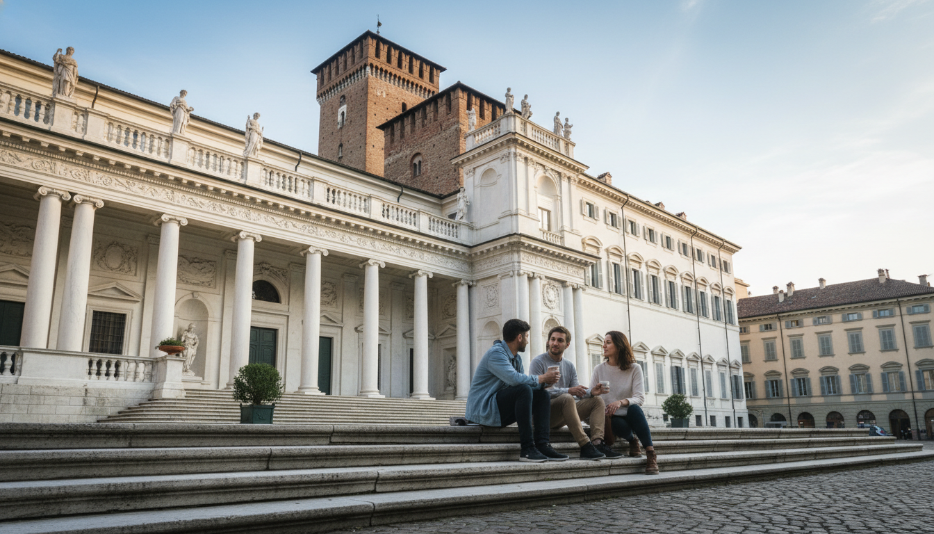 Palazzo Madamas ornate baroque facade with the medieval castle tower visible behind it, tourists sit