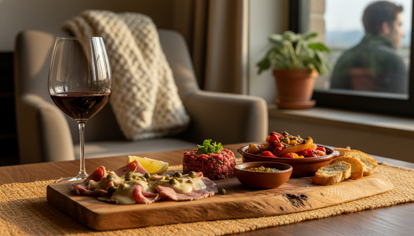 A wooden board with various Piedmontese antipasti including vitello tonnato, carne cruda, and pepper