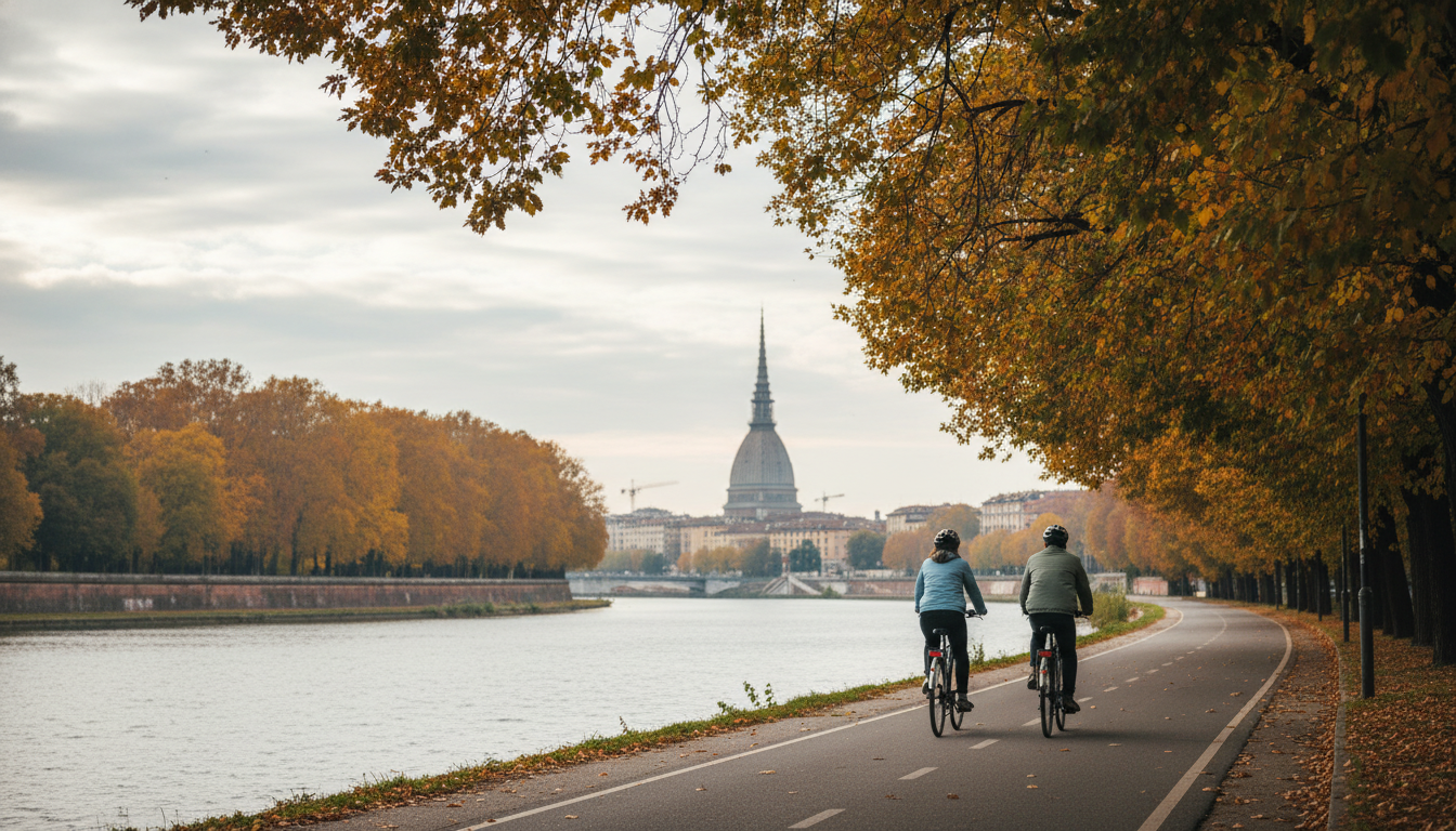 Cyclists on the Po River path with the Parco del Valentinos trees in autumn colors, the Mole Antonel
