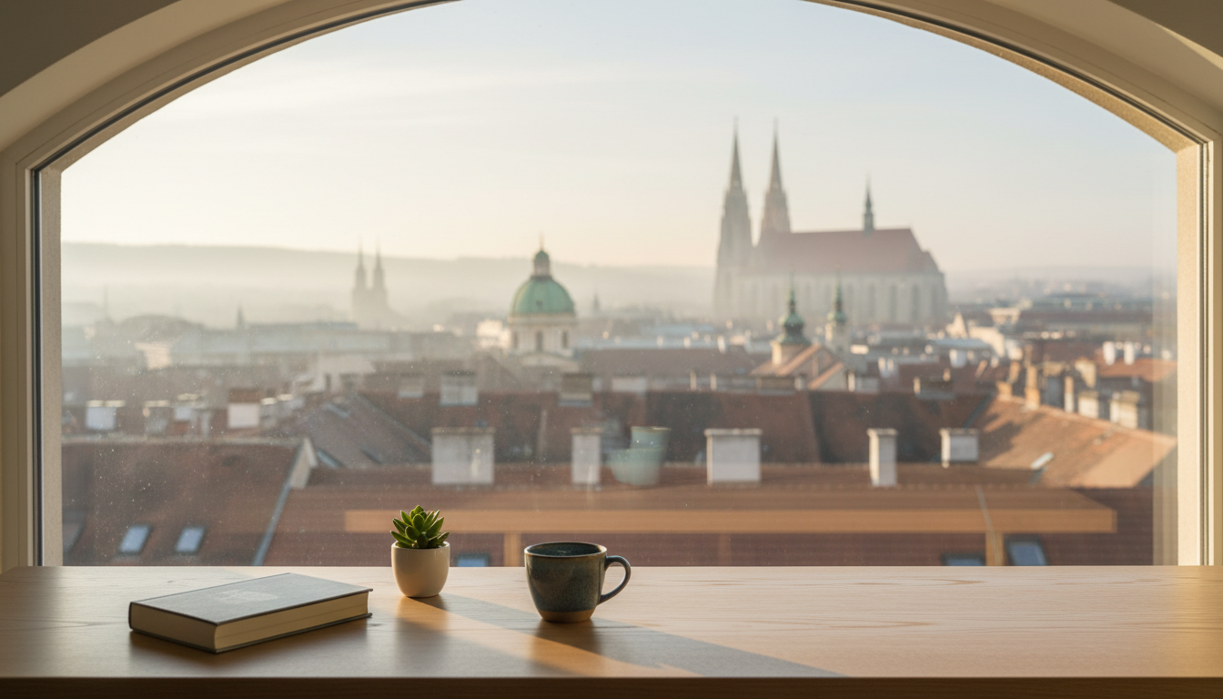 morning light streaming through the windows of a Zagreb apartment in Gornji Grad, coffee cup on a wo