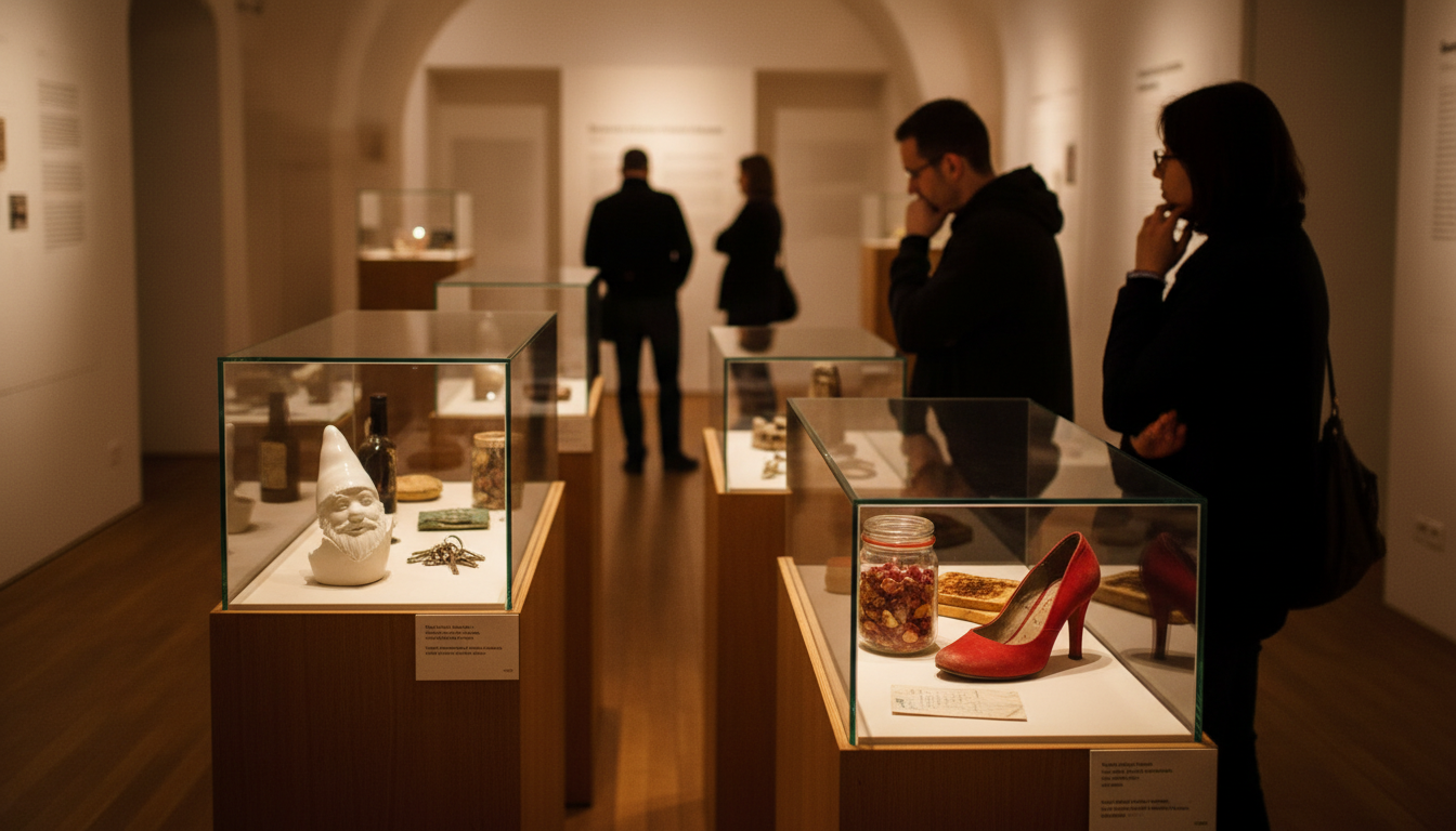 interior of the Museum of Broken Relationships showing glass display cases with personal objects, so