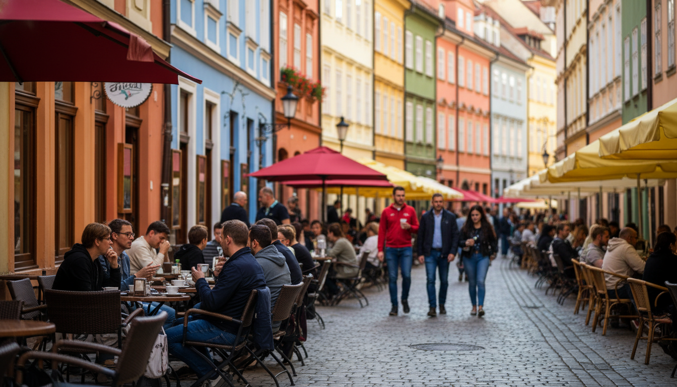 bustling Saturday morning pica scene on Tkalieva Street, well-dressed locals at outdoor caf tables,