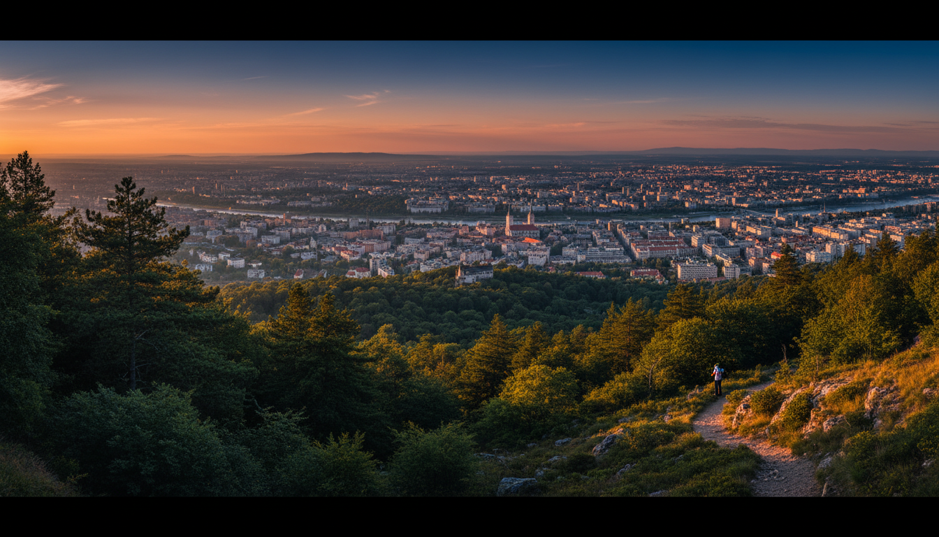 panoramic view from Medvednica mountain showing Zagreb sprawling below, forested slopes in foregroun
