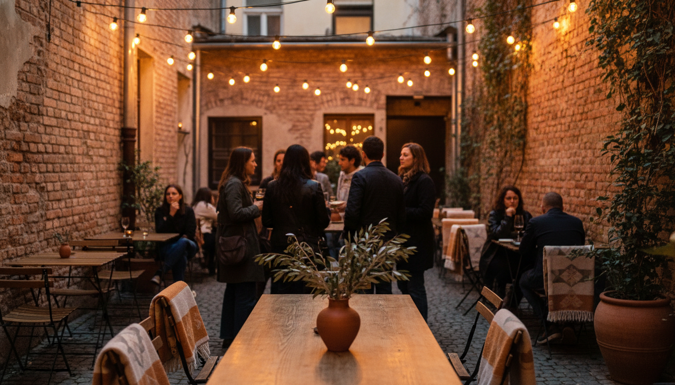 hidden courtyard bar in Zagreb at dusk, string lights overhead, exposed brick walls, locals gathered