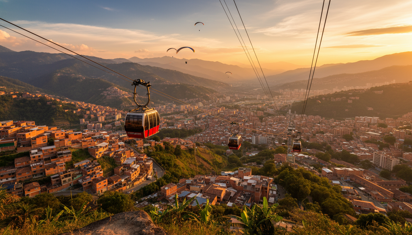 panoramic view of Medellns valley at golden hour, with the Metro cable cars crossing above brick-red