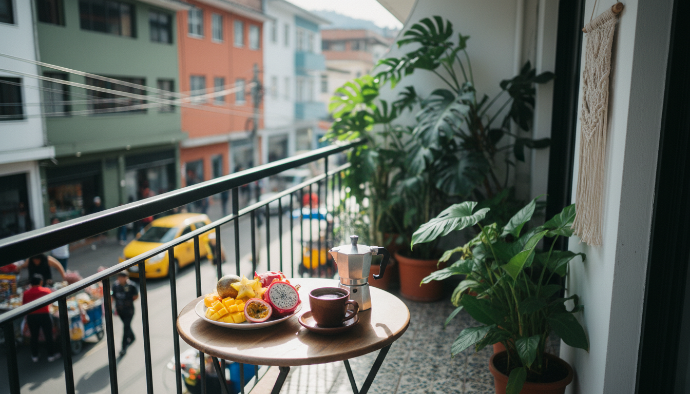 cozy apartment balcony in Laureles with a small breakfast table, fresh tropical fruits, coffee in a