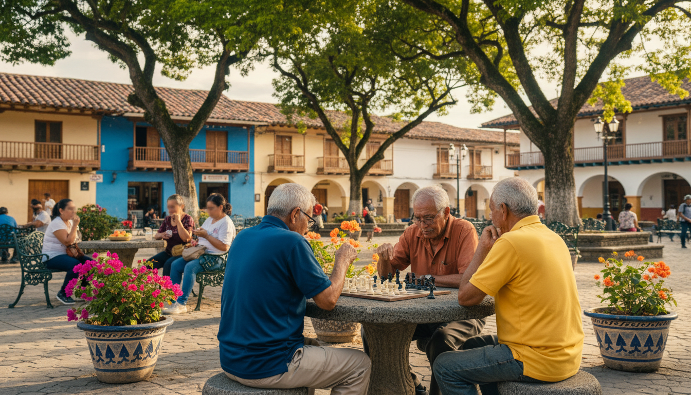 elderly men playing chess in a leafy plaza in Envigado, afternoon light, casual atmosphere with loca