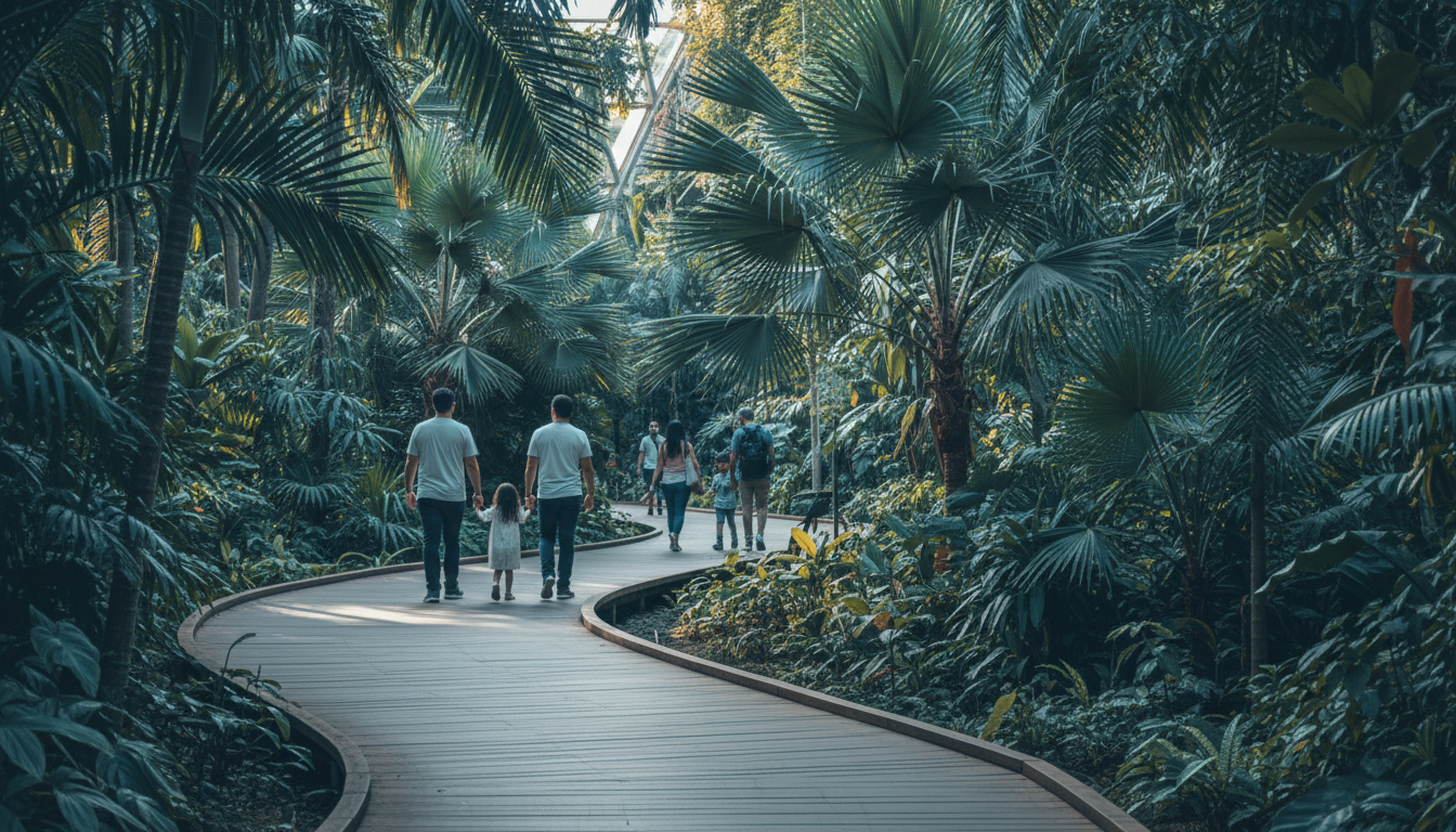 inside Medellns Jardn Botnico, lush tropical plants surrounding a modern wooden walkway, families an