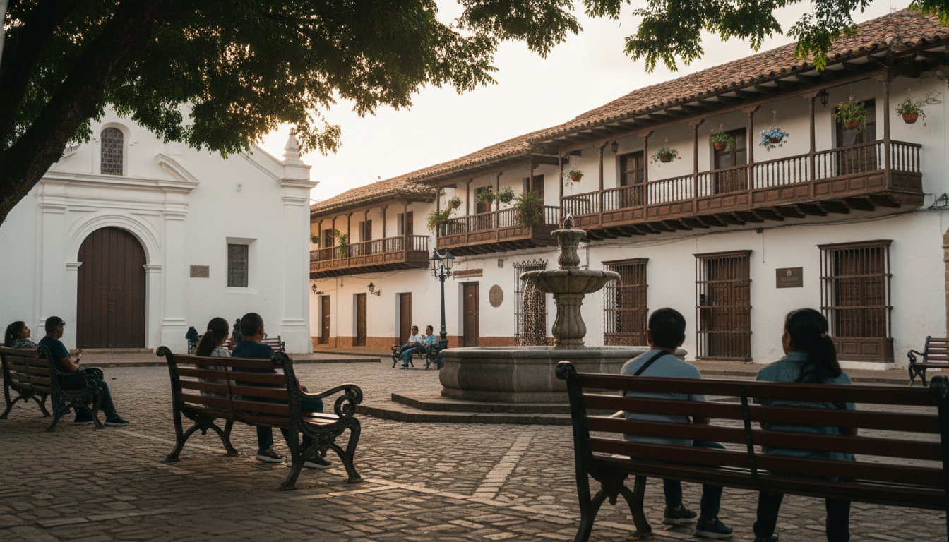 the colonial architecture of Santa Fe de Antioquias main plaza at late afternoon, white buildings wi
