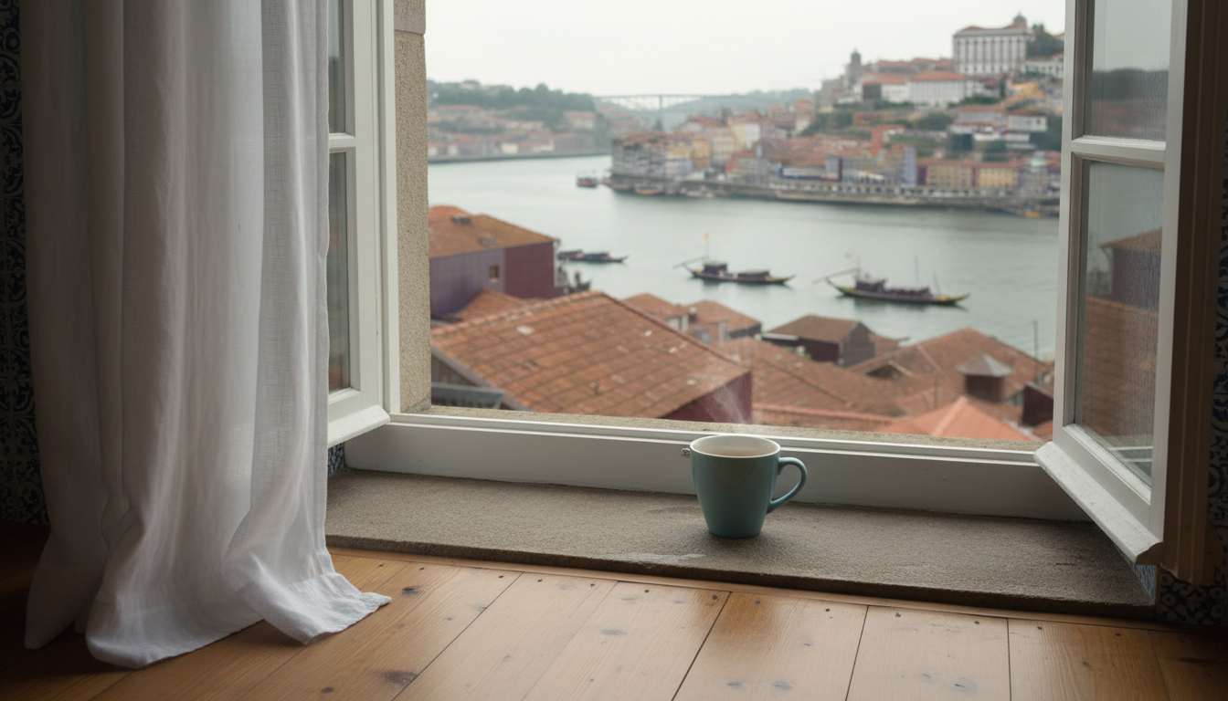 Morning light streaming through blue azulejo-tiled window in a traditional Porto apartment, coffee c