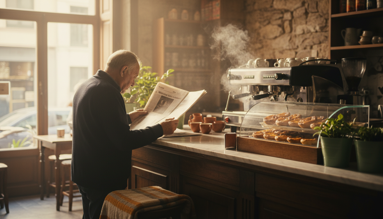 Elderly man reading newspaper at marble counter of traditional Porto caf, espresso machine steaming,