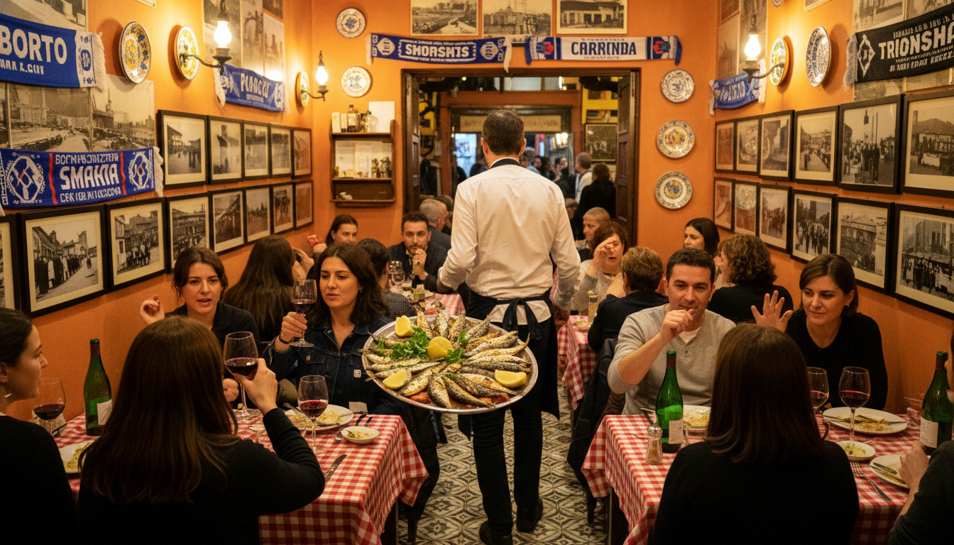 Crowded tasca interior with checkered tablecloths, walls covered in old photos and football scarves,