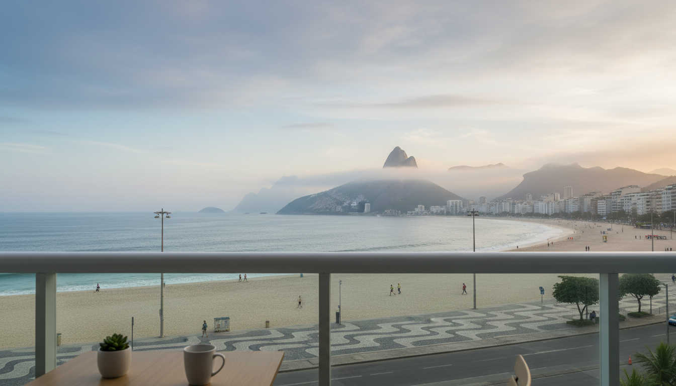 Early morning view from a Copacabana apartment balcony, showing the curved beach with joggers, the m