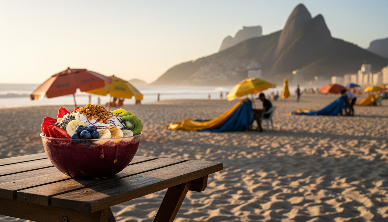 A colorful aa bowl on a small beach table with Dois Irmos mountain visible in the background, mornin