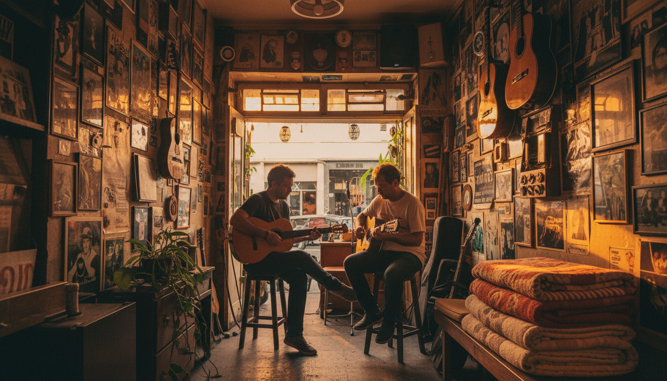 The cramped, colorful interior of Bip Bip bar in Copacabana, walls covered in photos and memorabilia