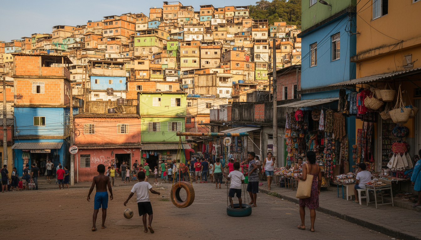 A colorful street scene in Rocinha favela, painted houses stacked up the hillside, children playing,