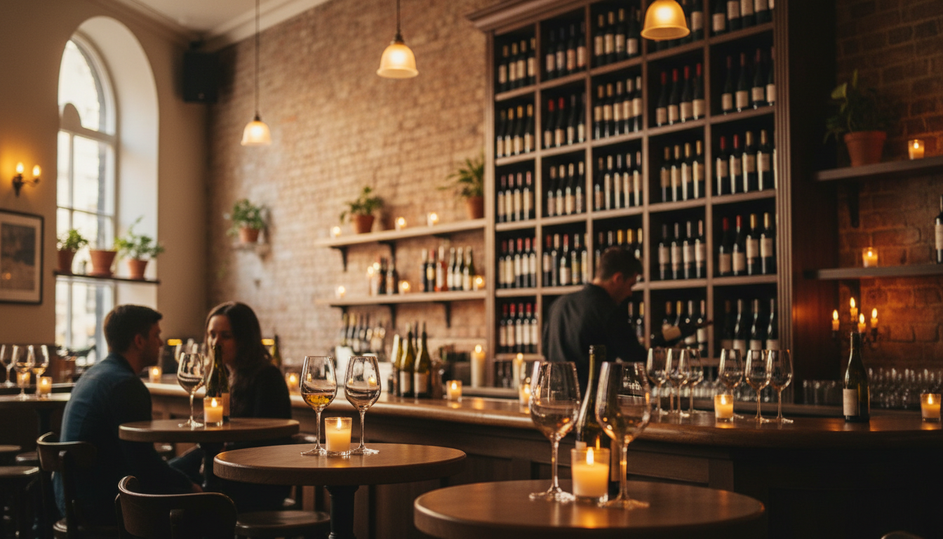 Interior of a cozy Dublin wine bar with exposed brick, candlelight reflecting off wine glasses, and