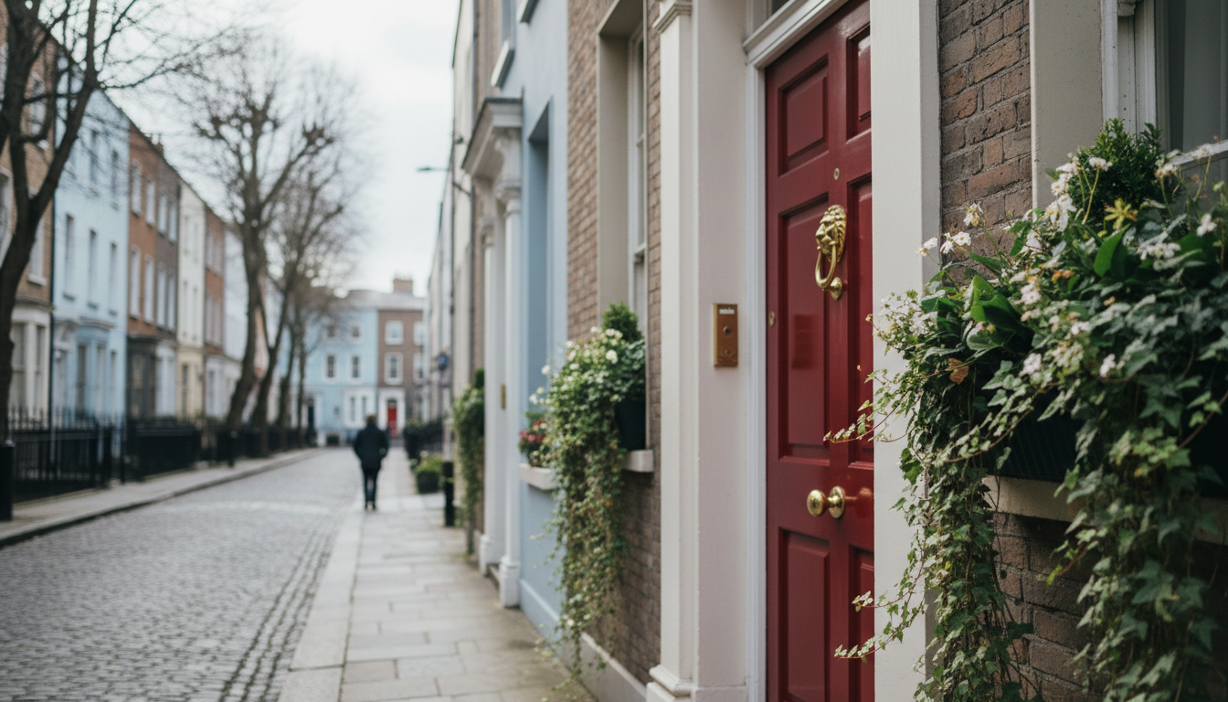 A Georgian Dublin doorway painted deep red, with brass knocker, flanked by window boxes with trailin