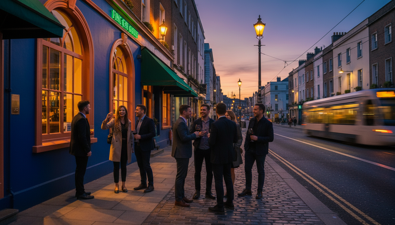 Evening scene on a Dublin street with warm light spilling from wine bar windows, Georgian buildings