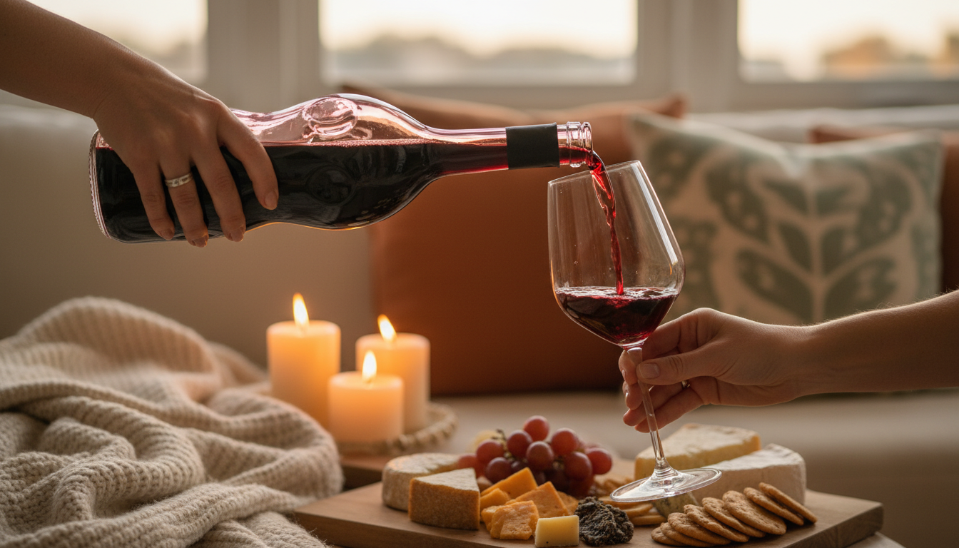 Close-up of hands pouring wine from an interesting bottle into a glass, with a cheese board and cand