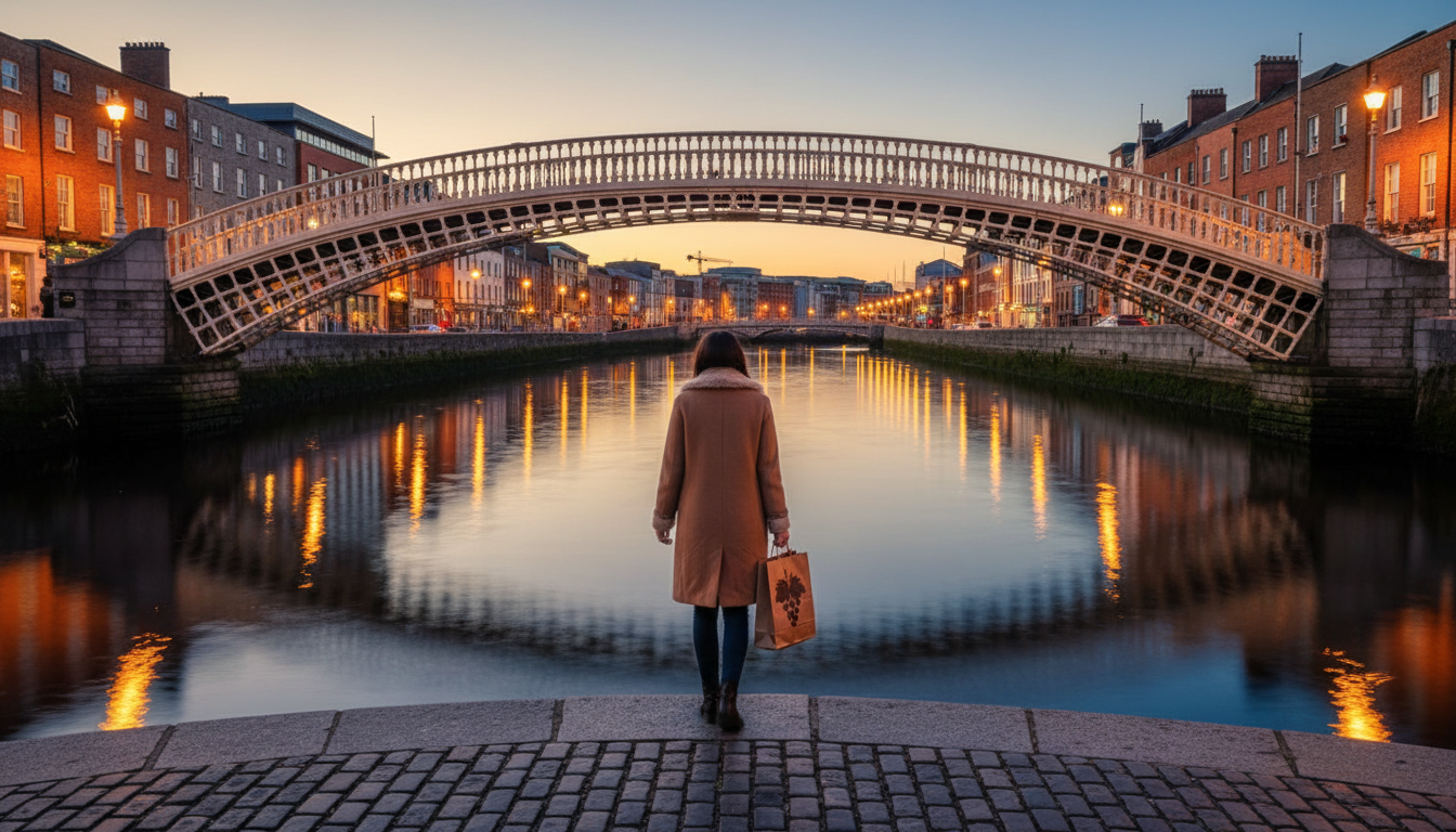 Dublins Hapenny Bridge at dusk with the River Liffey reflecting city lights, a figure walking across