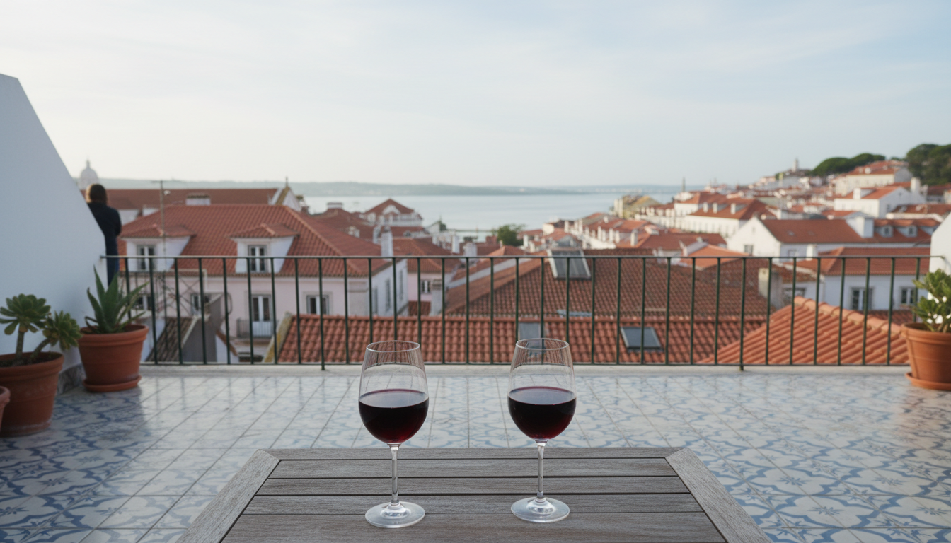 Sun-drenched apartment terrace in Lisbons Alfama neighborhood with traditional azulejo tiles, two gl
