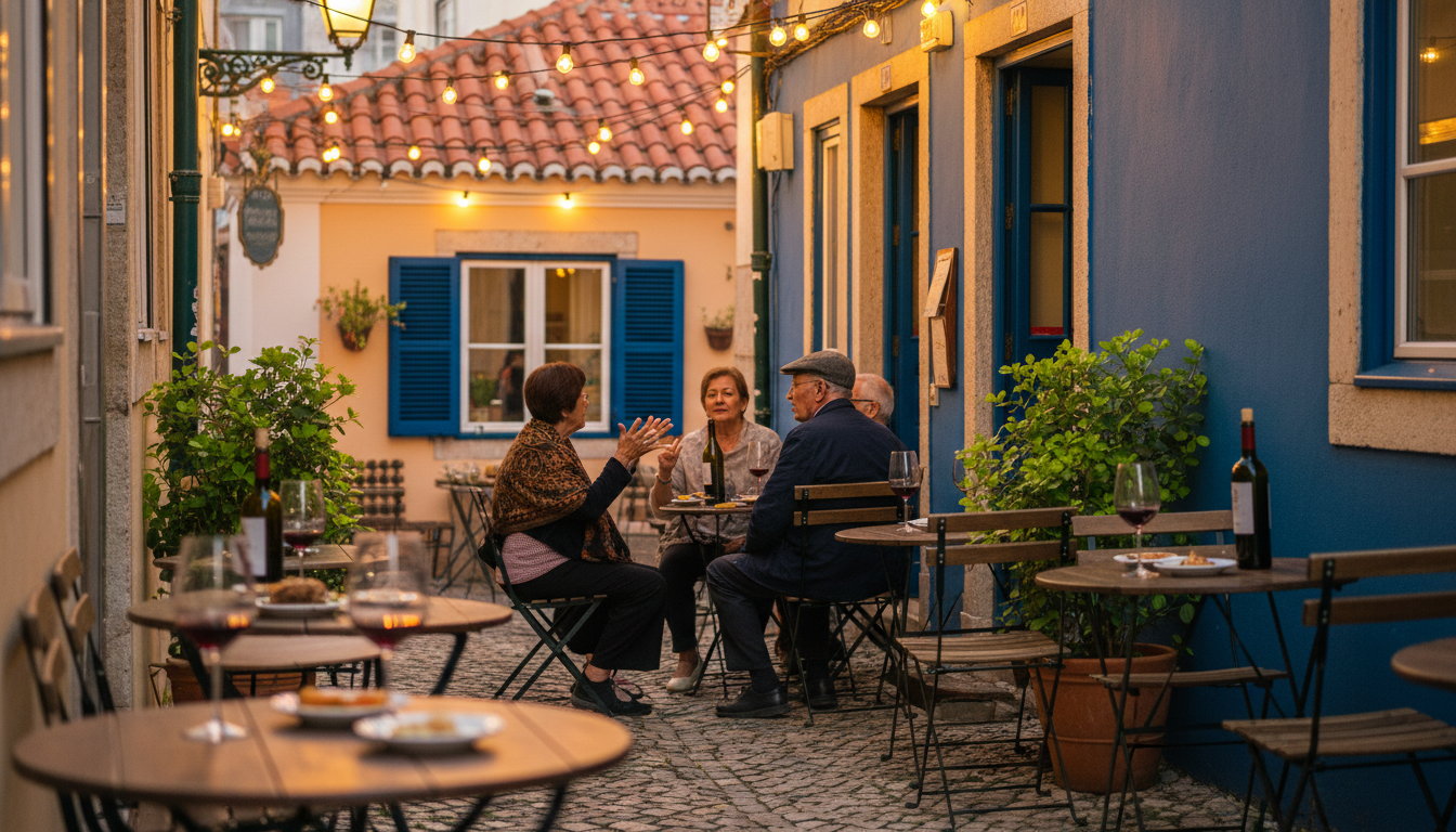Narrow cobblestone street in Alfama with traditional Portuguese tasca, string lights, outdoor tables