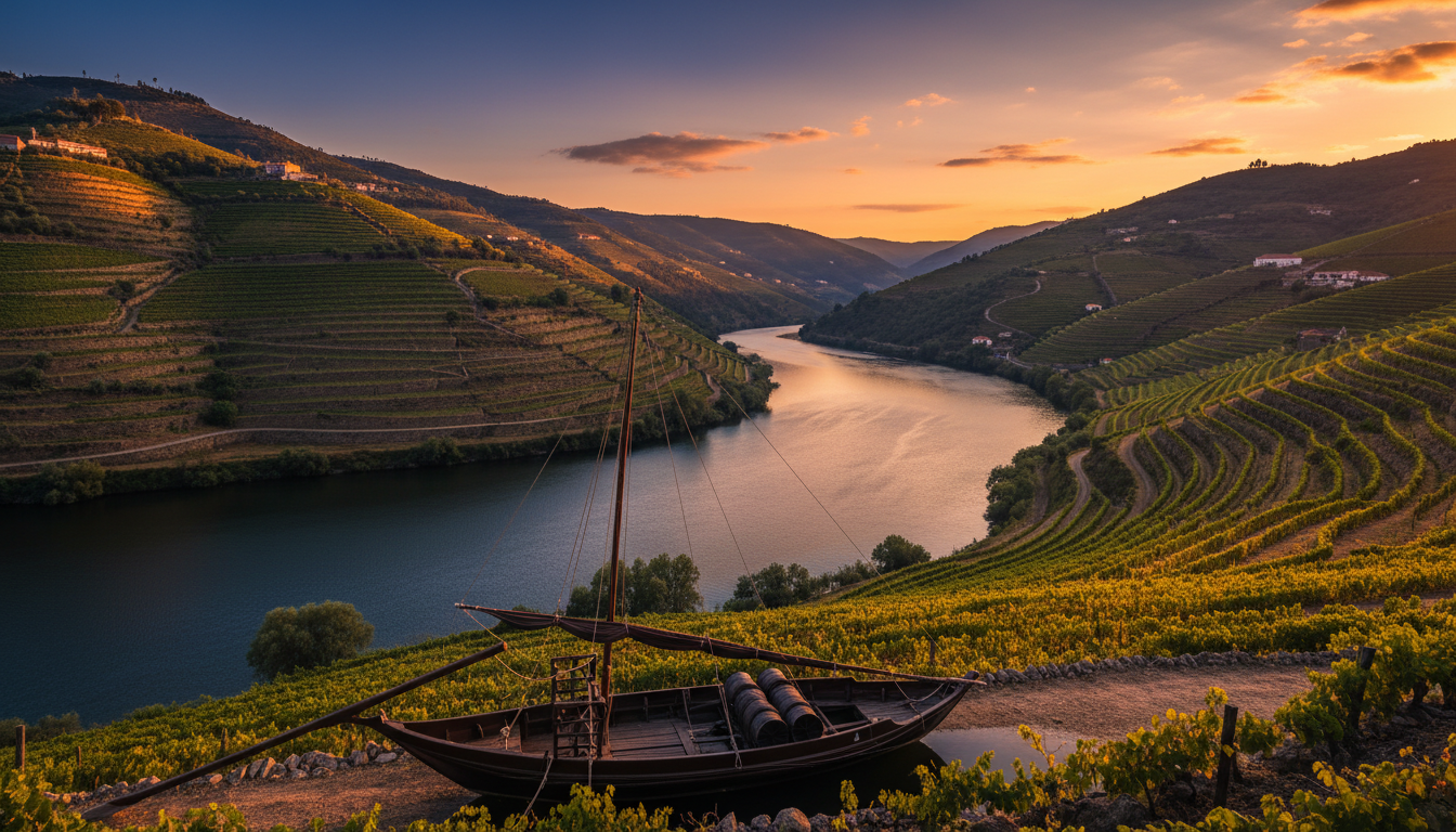 Dramatic terraced vineyards of the Douro Valley cascading down to the river, traditional rabelo boat