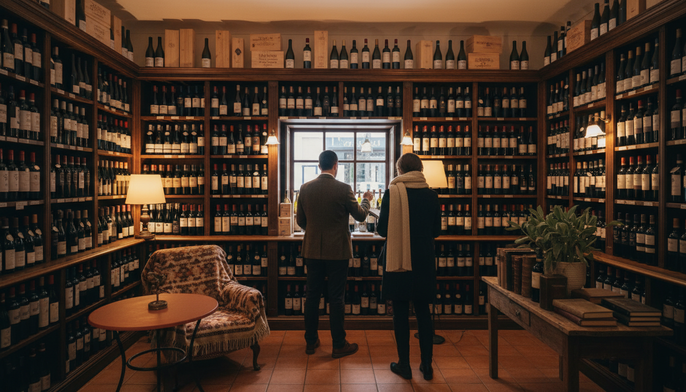 Interior of a traditional Lisbon garrafeira wine shop with floor-to-ceiling wooden shelves filled wi