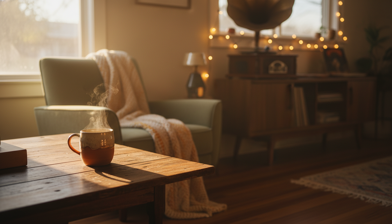 Morning light streaming through a cozy East Austin bungalow window, coffee mug on a worn wooden tabl