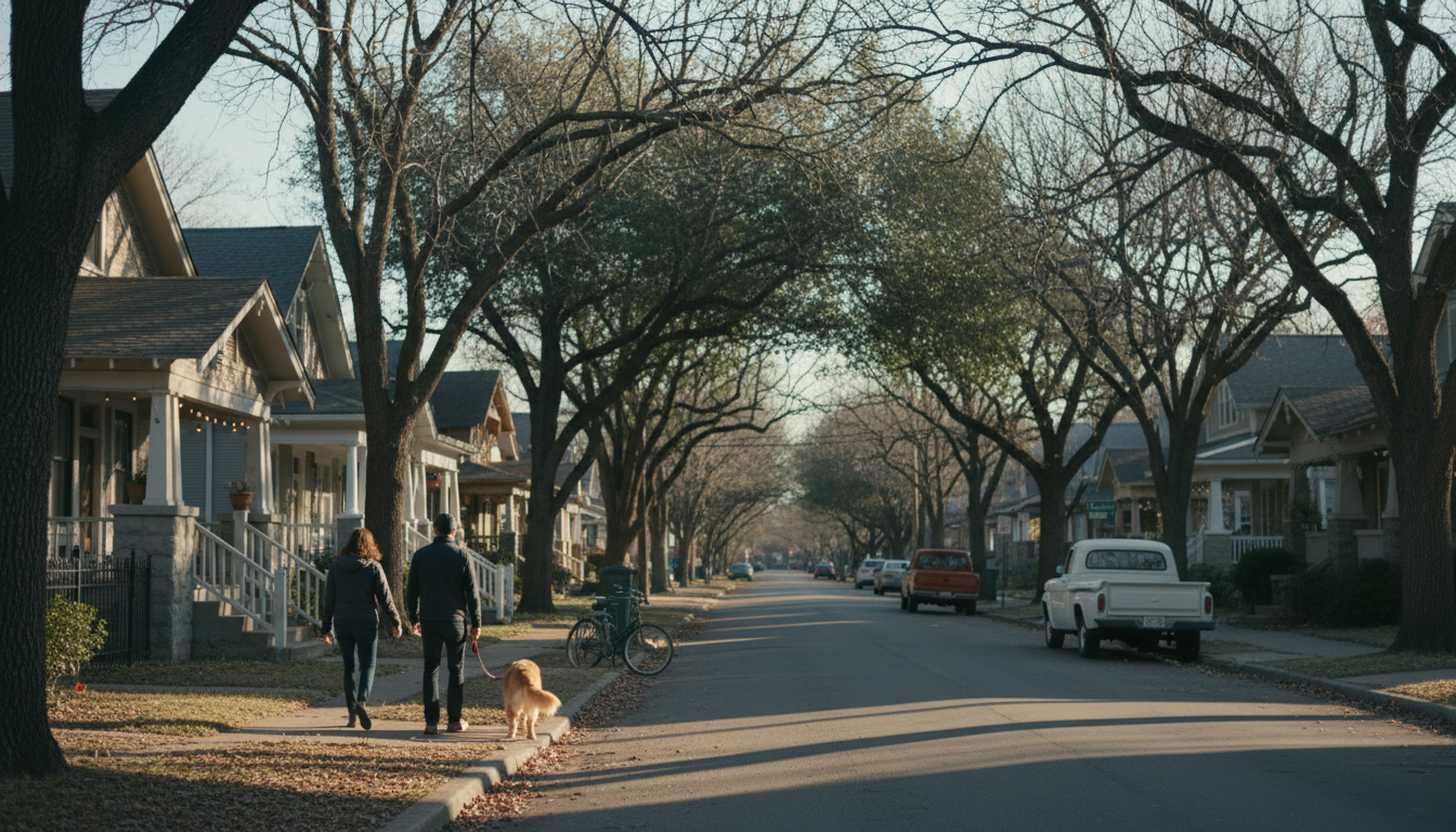 Tree-lined street in Travis Heights with craftsman bungalows, winter sun casting long shadows, a cou