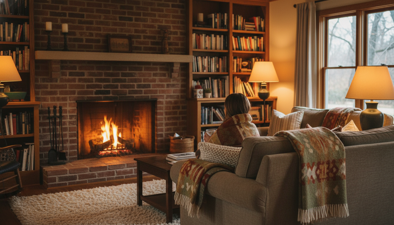 Cozy interior of a Clarksville cottage with exposed brick, a fireplace with a small fire burning, bo