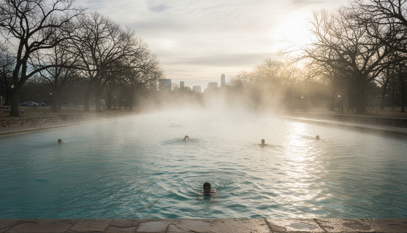Early morning mist rising from Barton Springs Pool, a few hardy swimmers doing laps, the surrounding