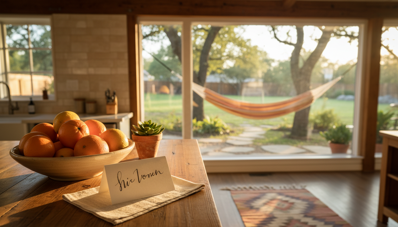 A welcoming Austin home exchange interior showing a handwritten welcome note on a kitchen counter, a