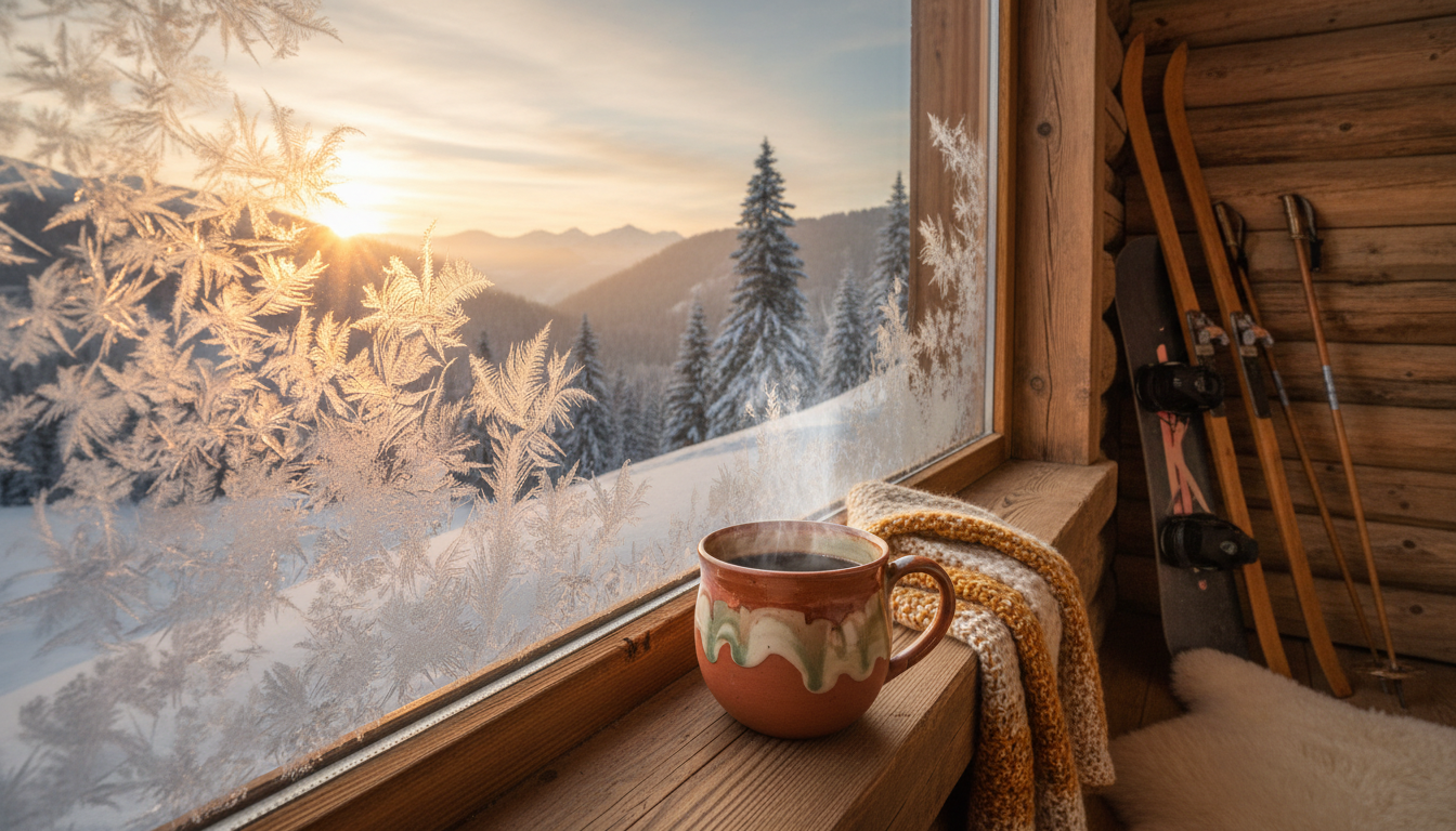frost-covered window of a wooden ski chalet at dawn, with fresh powder visible on the slopes beyond,
