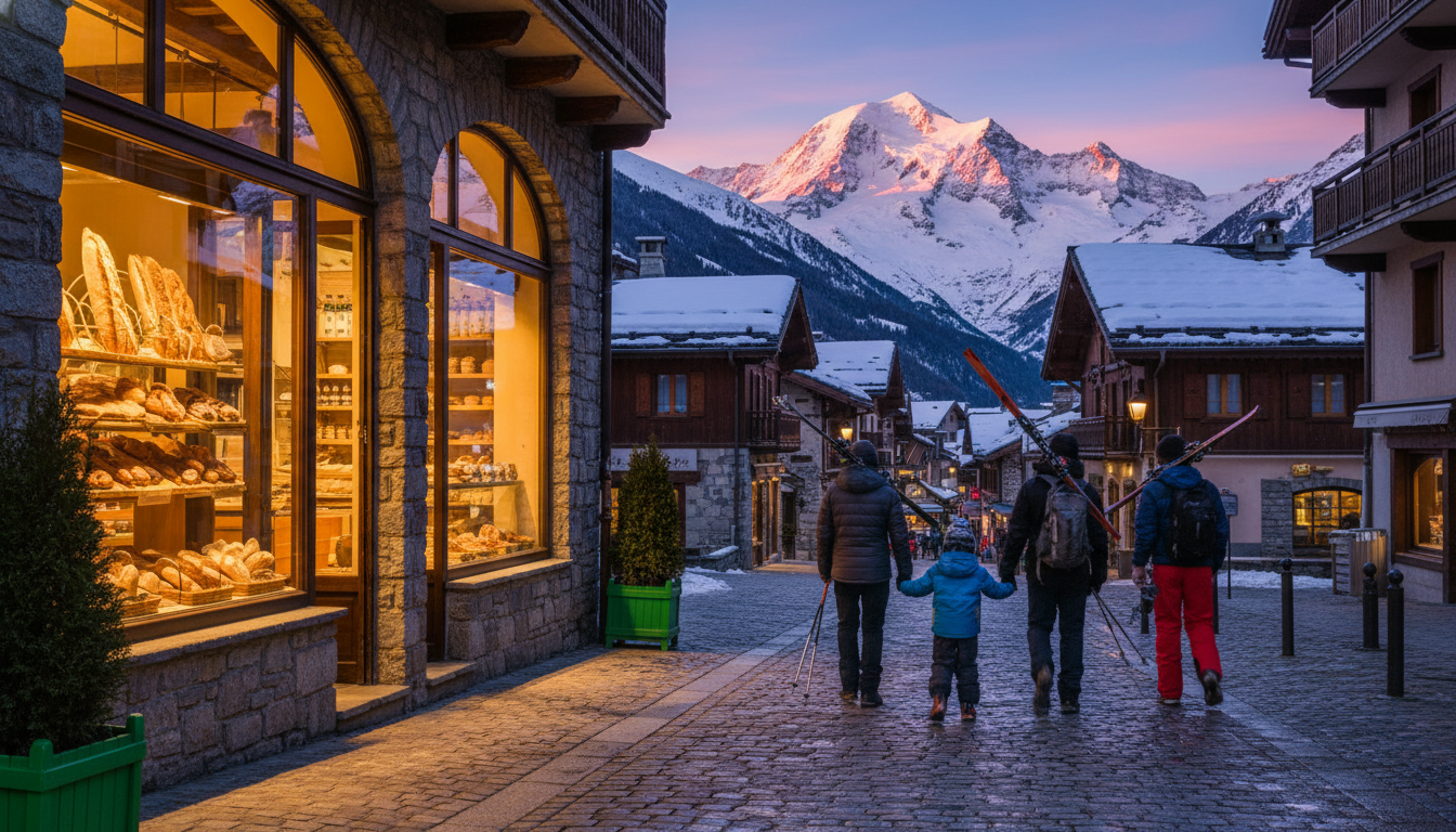 cobblestone street in Chamonix town center at dusk, with warm light spilling from a boulangerie, Mon