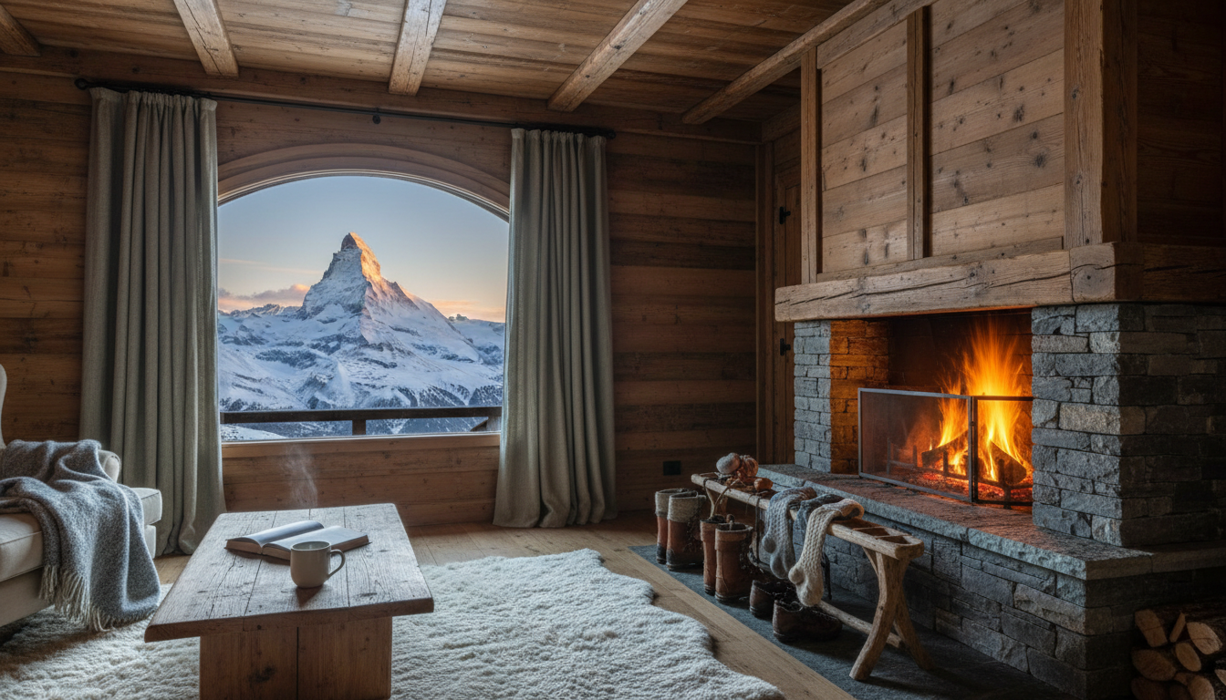 traditional Swiss chalet interior with warm wood paneling, a crackling fireplace, ski boots drying b