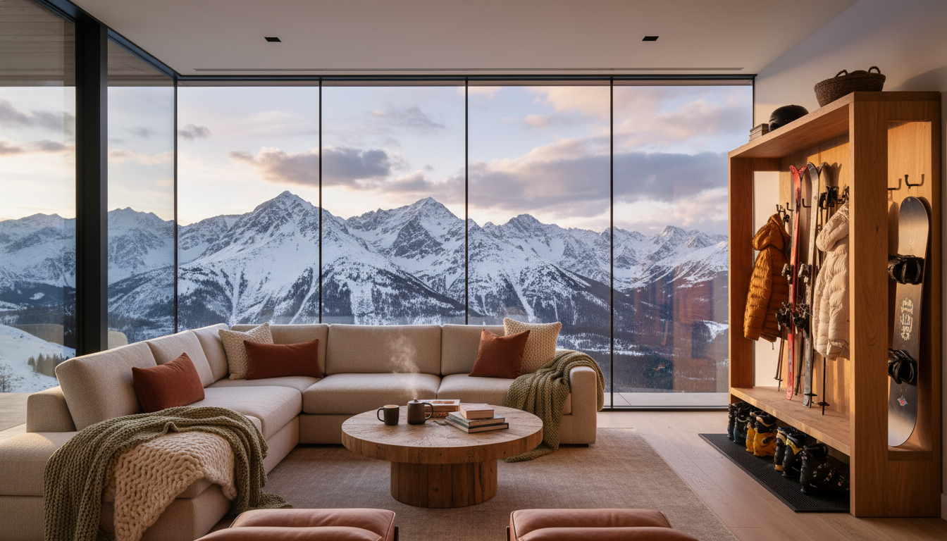 modern mountain home interior in Colorado with floor-to-ceiling windows overlooking snow-covered pea