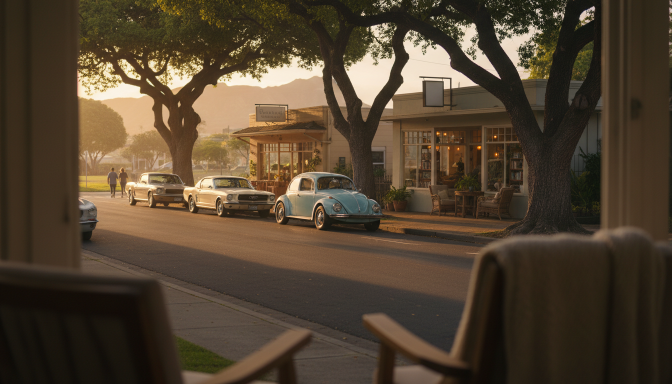 Quiet tree-lined street in Kaimuki at golden hour, vintage cars parked along the curb, small restaur