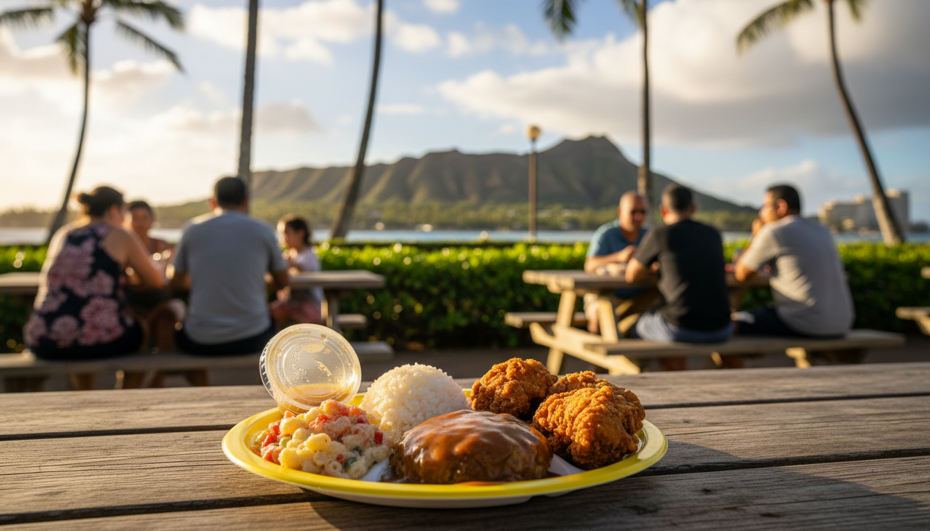 Colorful plate lunch from Rainbow Drive-In on a picnic table, Diamond Head visible in the distance,