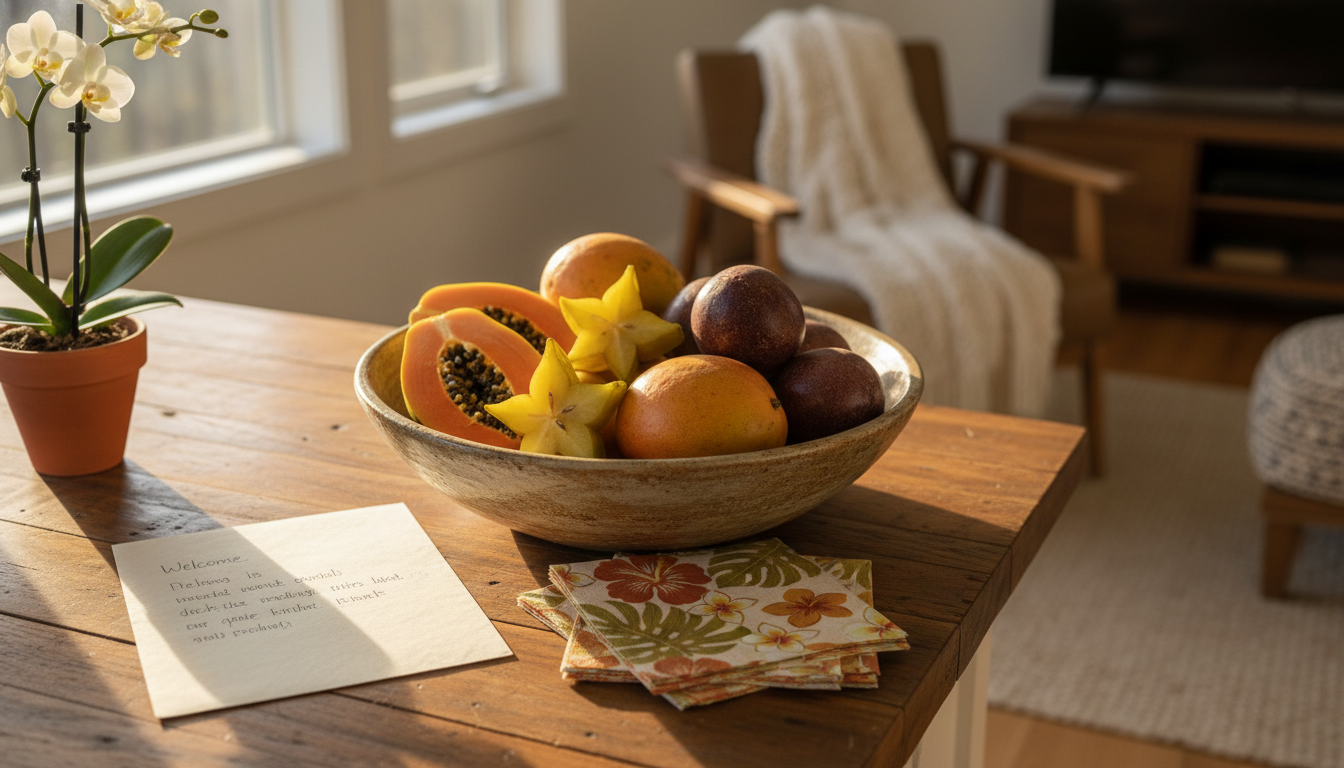 Handwritten welcome note on a kitchen counter next to a bowl of tropical fruit, Hawaiian print napki