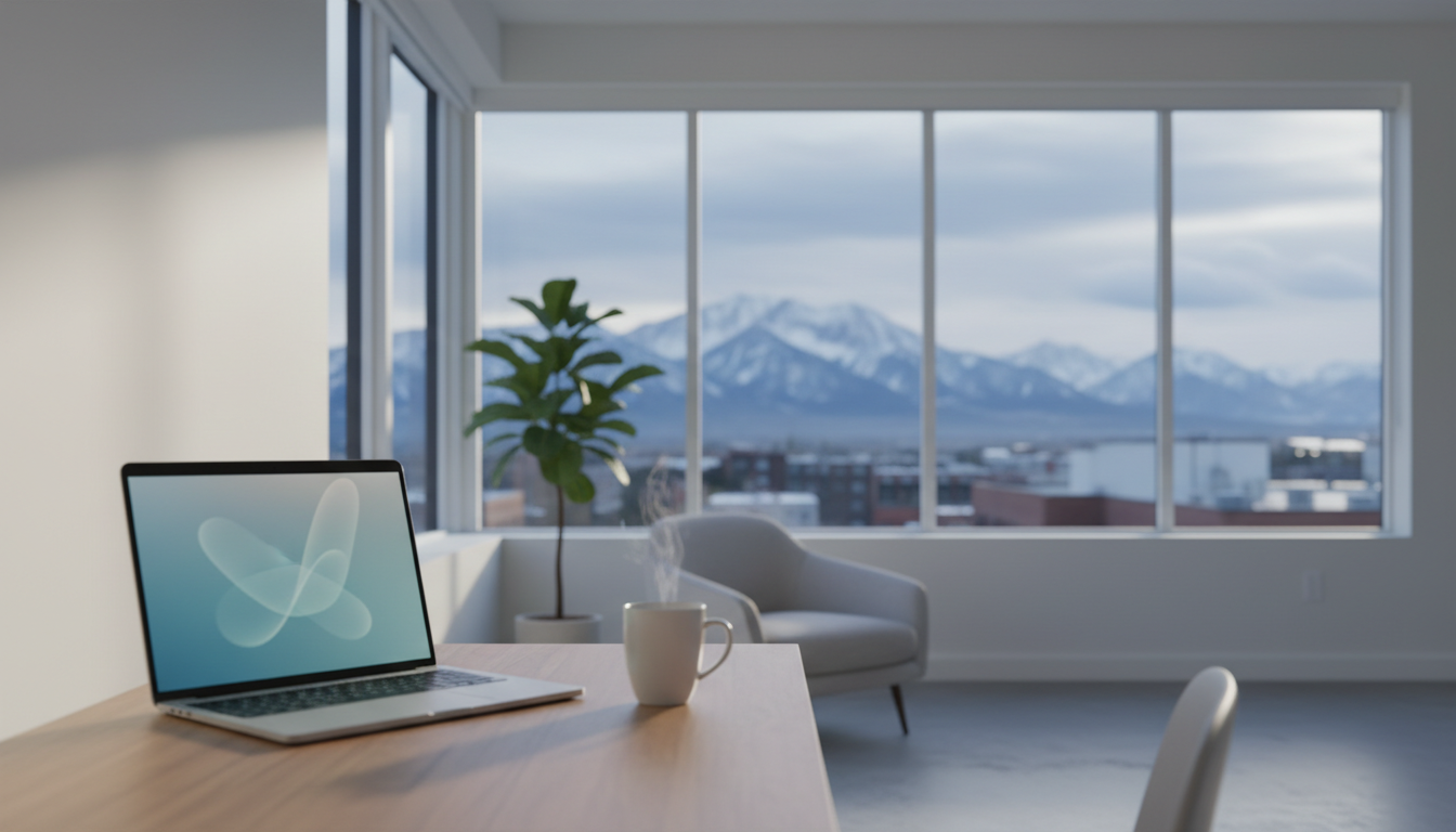 Morning light streaming through floor-to-ceiling windows of a modern Denver apartment, laptop open o