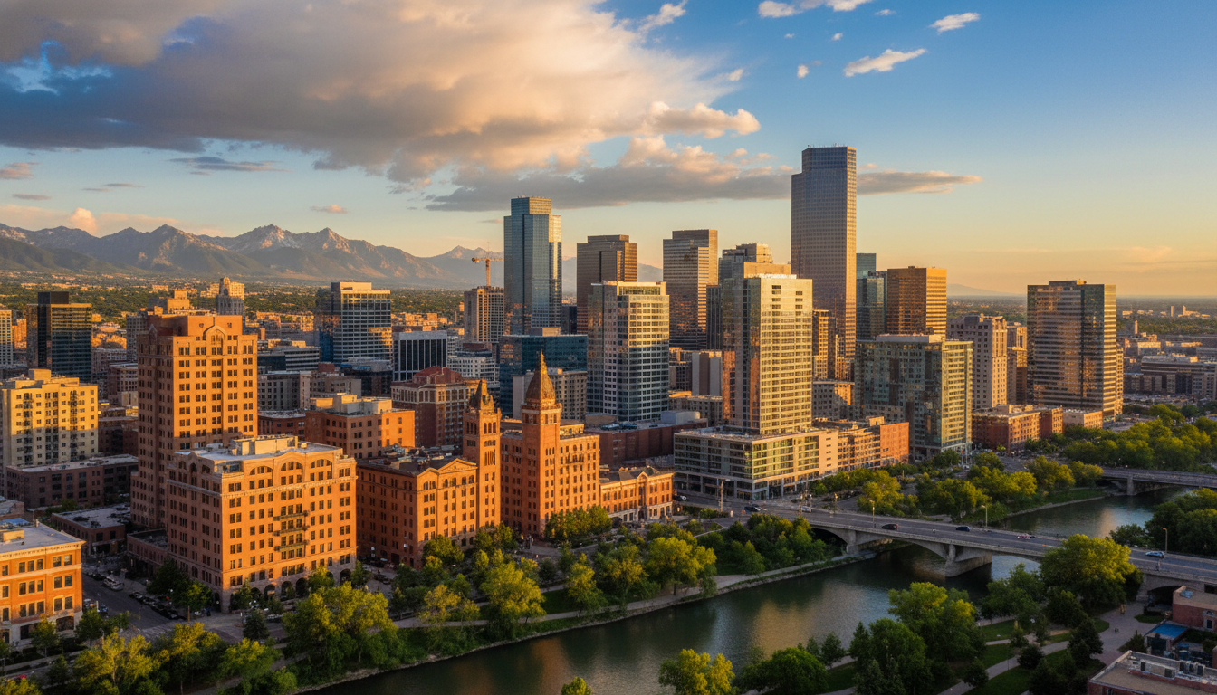 Aerial view of downtown Denvers skyline at golden hour with the Rocky Mountains as backdrop, showing
