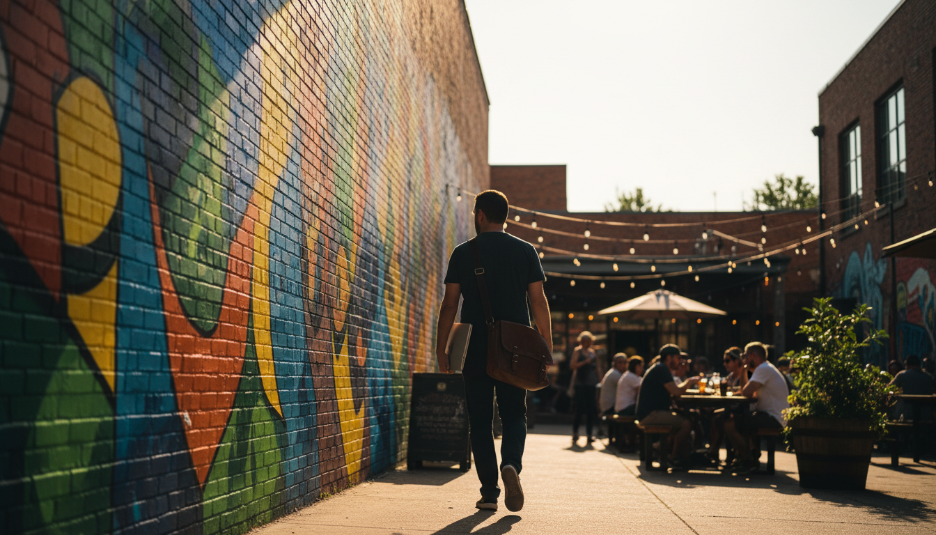 Colorful street art mural on a brick warehouse wall in RiNo, with a person walking past carrying a l