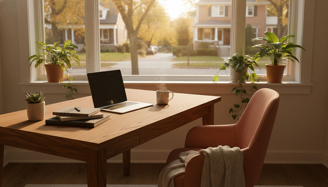 Cozy home office setup in a Denver home with a large wooden desk, ergonomic chair, plants on the win