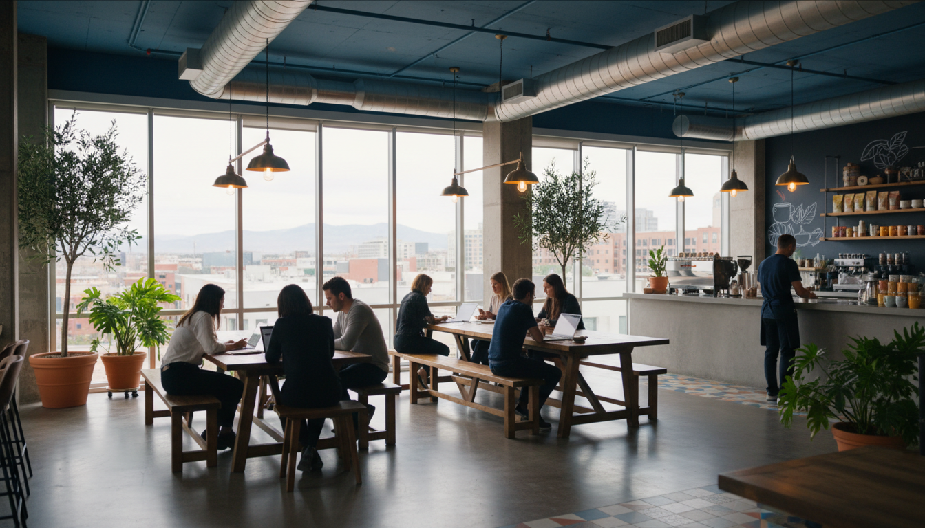 Interior of a bright, industrial-style coworking space in Denver with exposed ductwork, large window