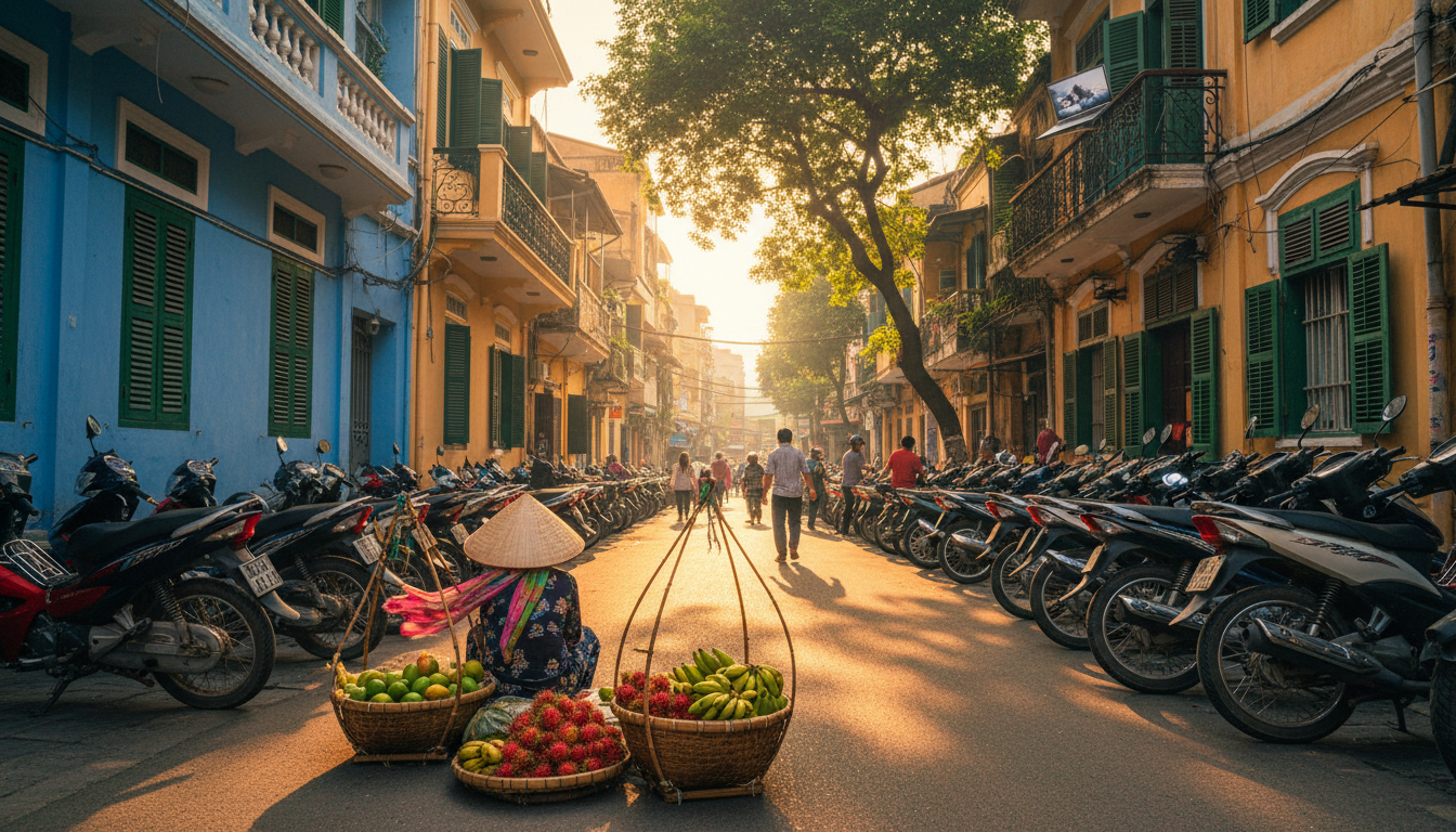 Morning scene on a narrow Old Quarter street in Hanoimotorbikes parked along pastel-colored colonial