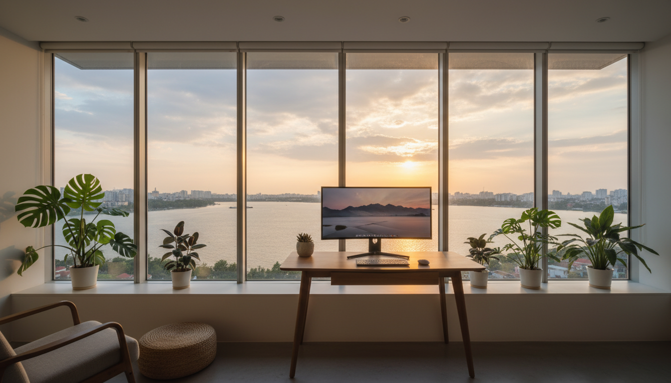 Modern apartment interior in Ty H with floor-to-ceiling windows overlooking West Lake at sunset, a m