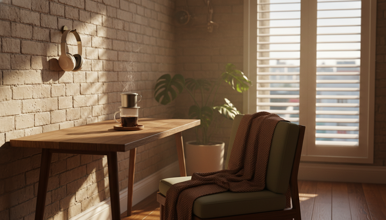 Cozy home office corner in a Hanoi apartmentwooden desk against exposed brick wall, Vietnamese coffe